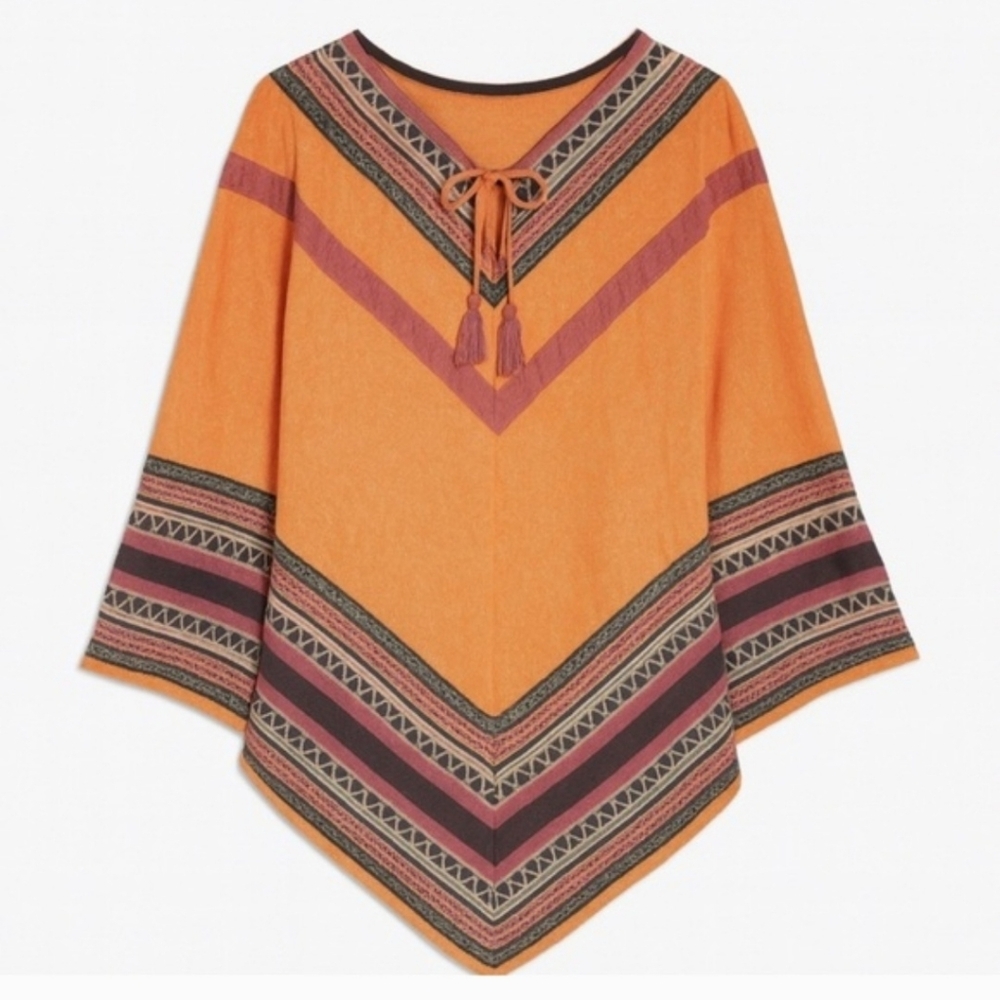 Boston Proper Womens Lambs Wool Blend Tribal Pancho In Bright Orange Size‎ XS-L